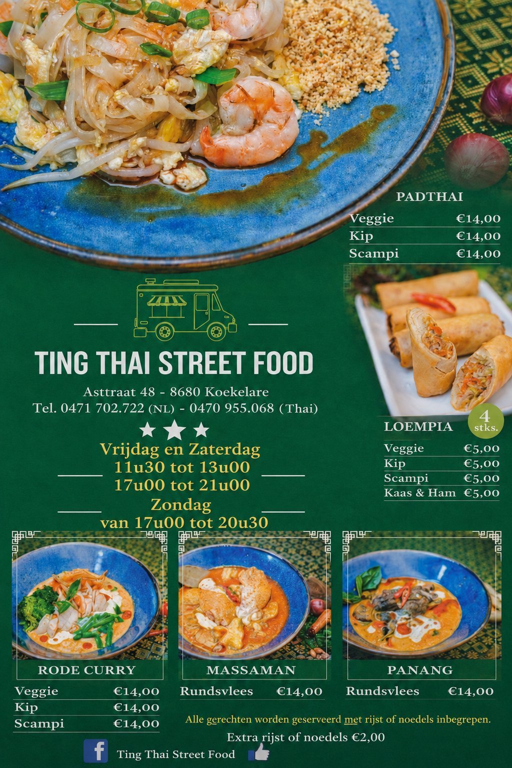 Ting Thai Street Food restaurant menu met pad thai, loempia's en curry gerechten met prijzen en openingsuren