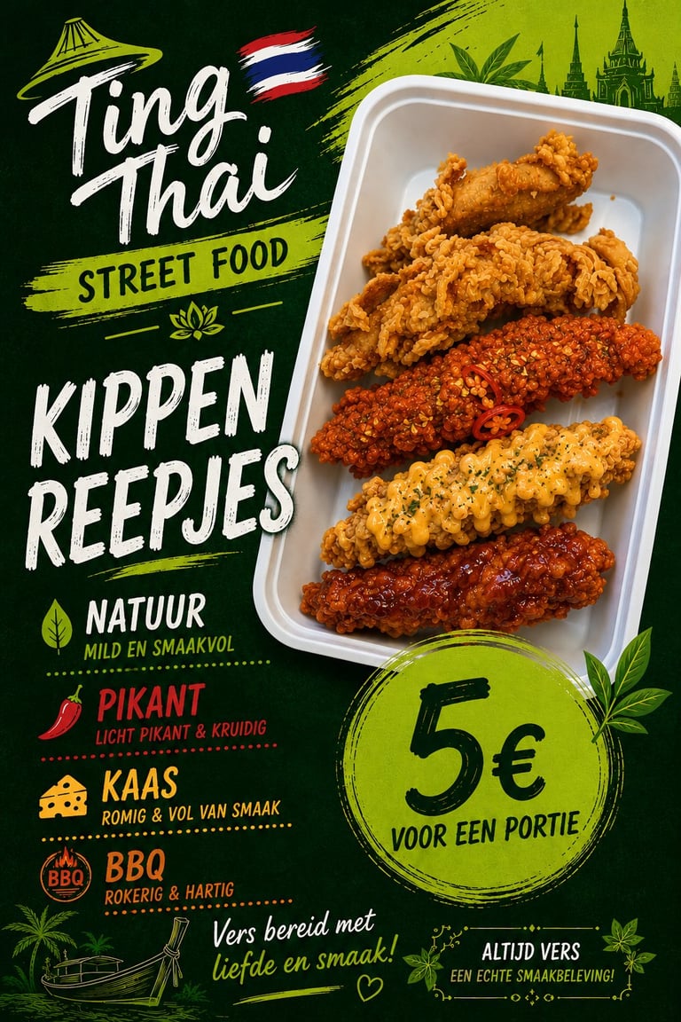 Ting Thai street food advertentie voor gepaneerde kippenreepjes in witte bak, voor 5 euro, met vier smaakvarianten op groene achtergrond
