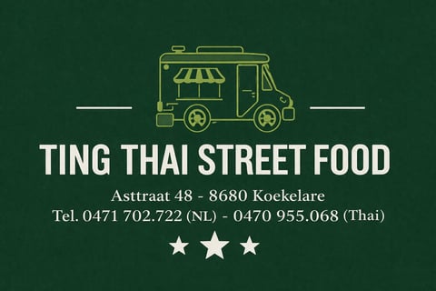 Ting Thai Street Food logo met foodtruck, adres, telefoonnummers en drie-sterren beoordeling