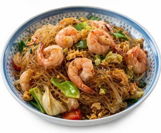Bowl of Asian shrimp noodles with crispy rice vermicelli, green vegetables, and garnish in blue-rimmed white bowl