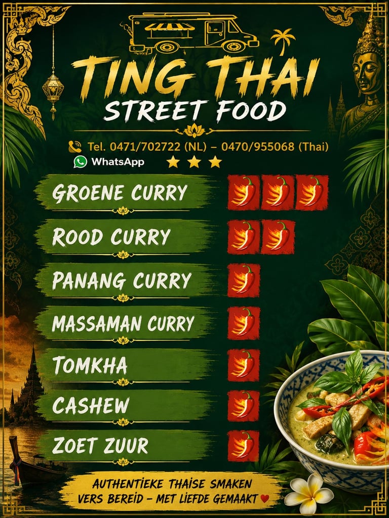 Ting Thai Street Food menu met curry gerechten en pittigheid niveaus, contactinformatie en Thais-geïnspireerde decoratieve elementen