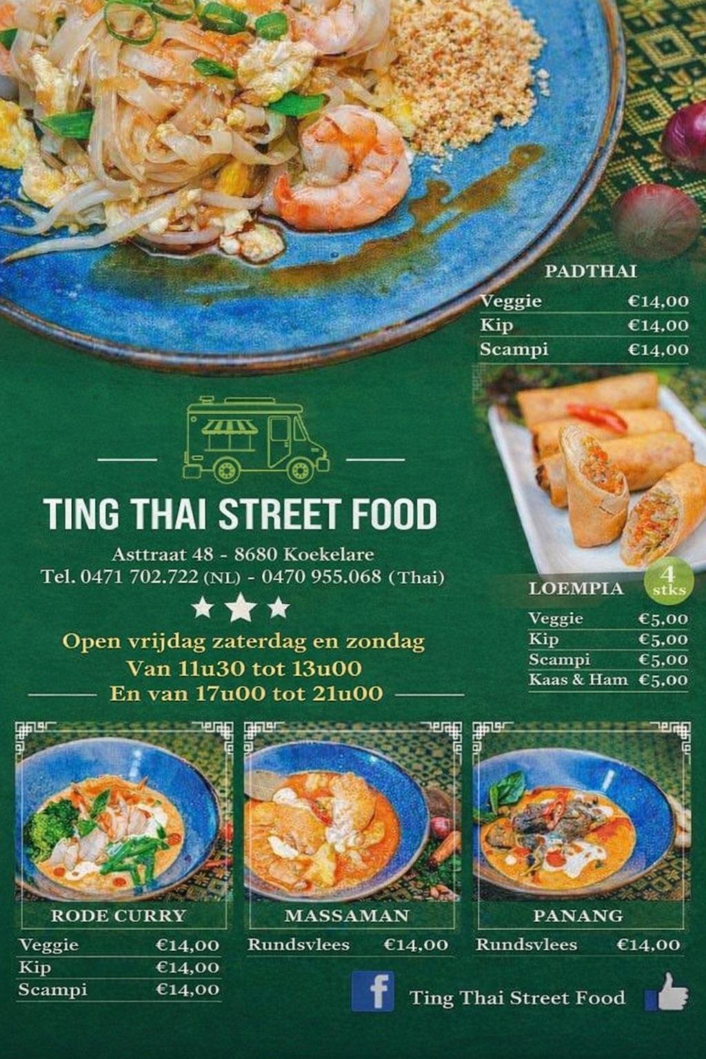 Menu voor Ting Thai Street Food met Pad Thai, Loempia en curry gerechten met prijzen en contactinformatie restaurant