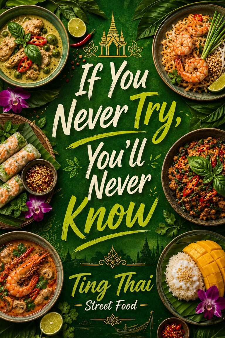 Thaise street food promotieposter met kleurrijke curry's, noedels en visgerechten rond een groene achtergrond met decoratieve tekst