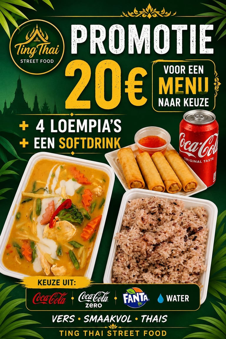 Ting Thai Street Food promotieposter met 20-euro menu: 4 loempia's, frisdrank en keuze uit curry, rijst of Thais gerecht