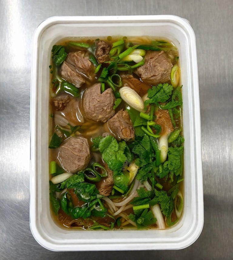 Witte container met Aziatische noedelsoep met gesneden rundvlees, groene uien, paksoi en dunne noedels in bouillon