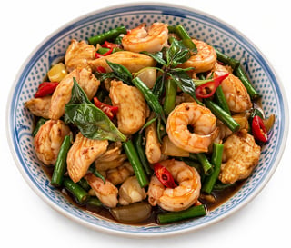 Bowl of stir-fried shrimp and chicken with green beans and red peppers in a blue-rimmed ceramic dish