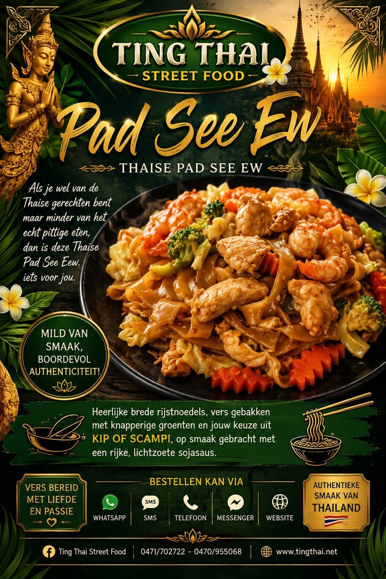 Ting Thai Street Food menu voor Pad See Ew met gouden geroerbakte noedels met groenten en proteïne op donkere achtergrond met Thaise tempel en decoratieve elementen