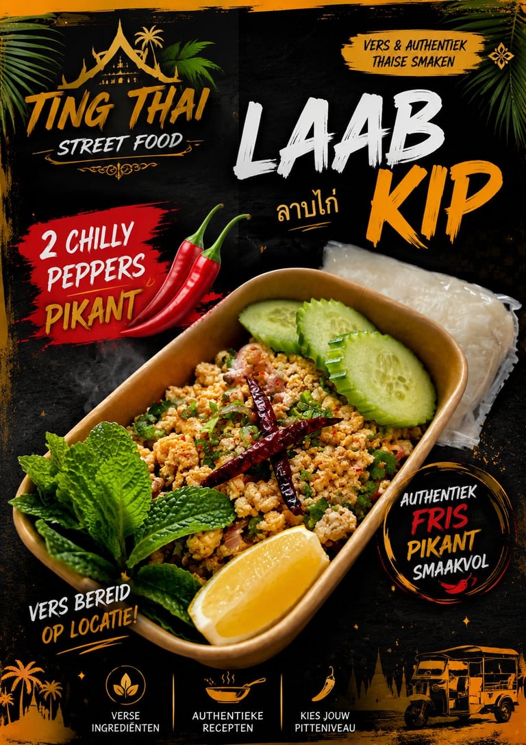 Laab Kip menu van Ting Thai street food met pittige gehakte kip met verse komkommer, limoen en munt in een afhaalcontainer