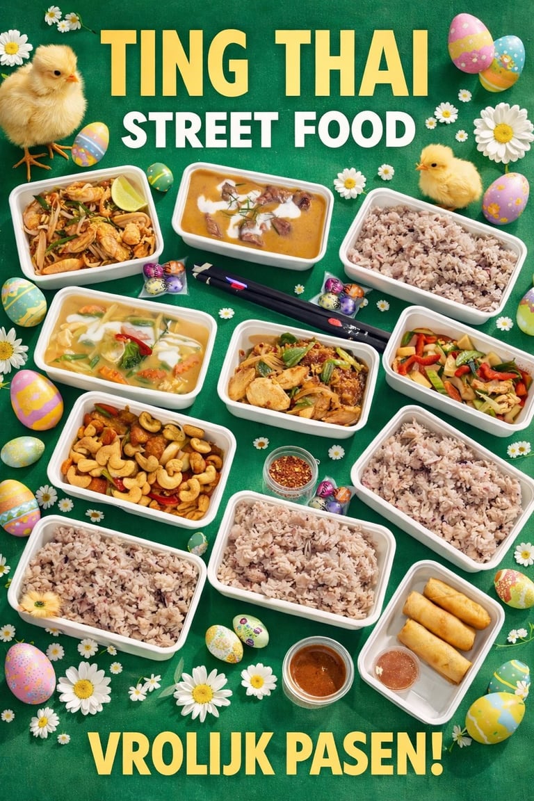 Ting Thai Street Food poster met diverse Thaise gerechten in witte bakjes met paaseieren en versierde eieren op groene achtergrond