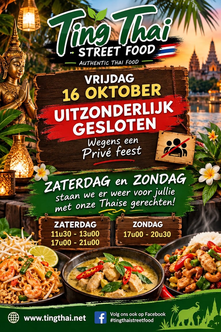 Ting Thai Street Food promotieposter voor authentieke Thaise keuken evenement op 16 oktober met weekendopeningsuren en Thaise gerechten