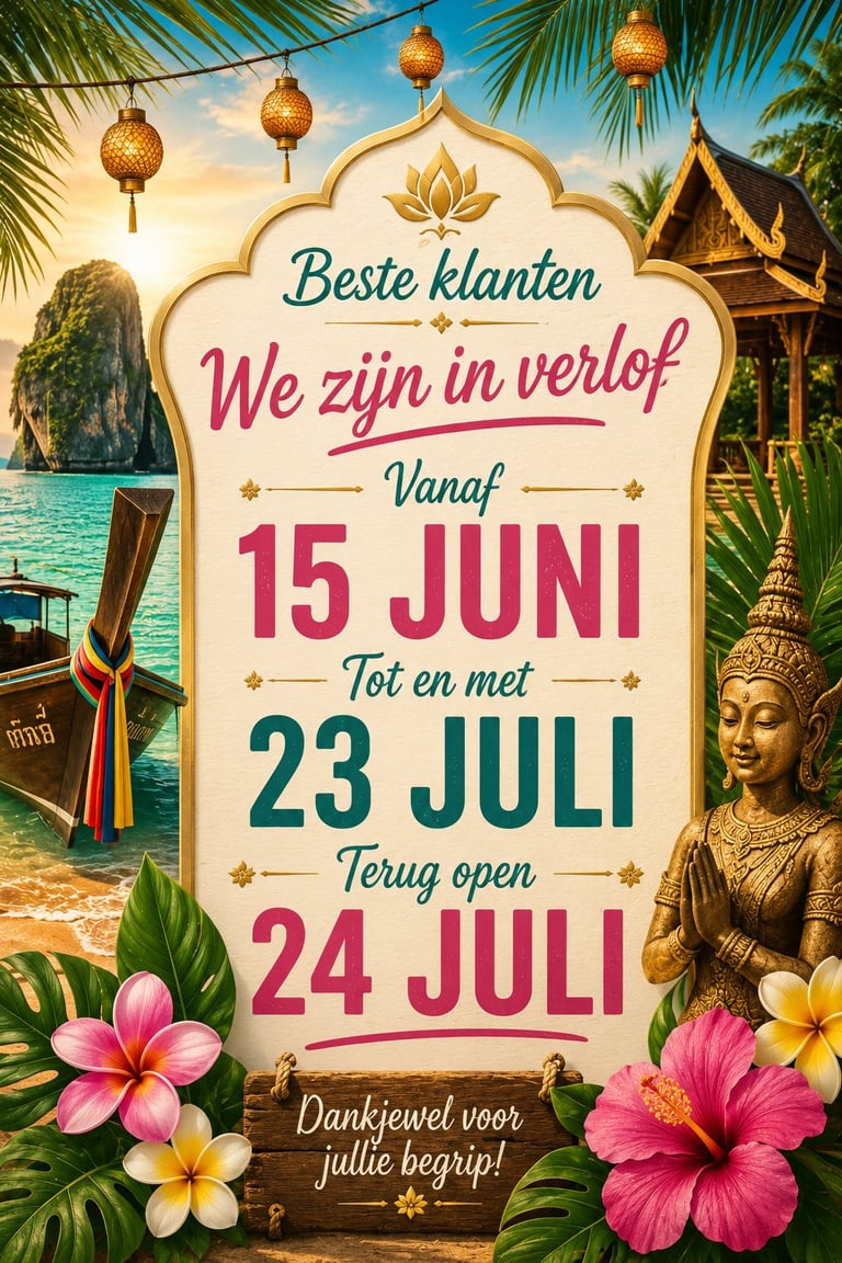 Thaise thema sluitingsaankondiging met tropisch strand, tempels, gouden lantaarns en roze bloemen. Tekst kondigt sluiting aan van 15 juni tot 23 juli, heropening op 24 juli.